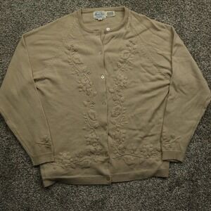 vintage Cardigan Sweater Women's‎ S Beige Floral Embroidered Grandma 3D